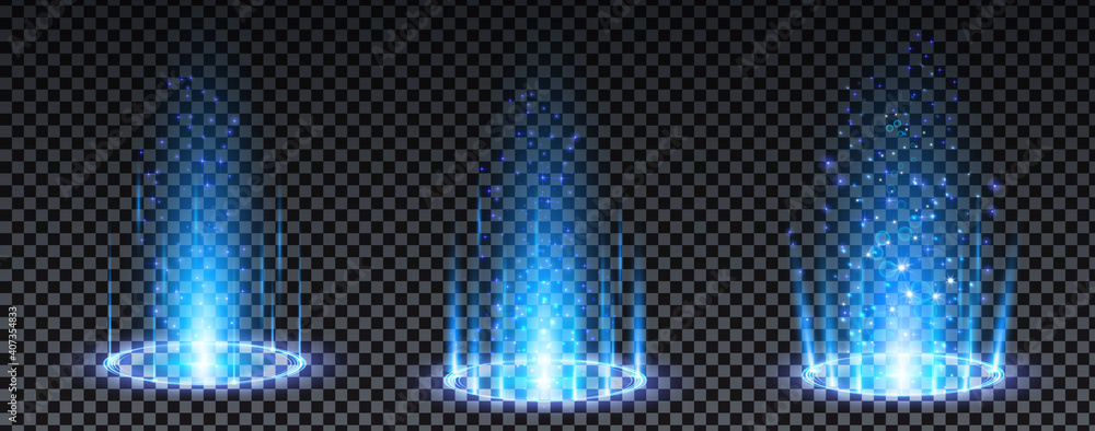 © Elena - Blue hologram portal. Magic fantasy portal. Magic circle teleport podium with hologram effect. Vector blue glow rays with sparks on transparent background. © Elena - Blue hologram portal. Magic fantasy portal. Magic circle teleport podium with hologram effect. Vector blue glow rays with sparks on transparent background.