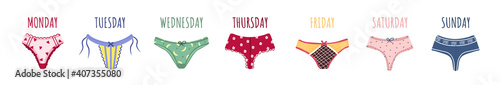 Modern female panties collection for week. Cute colorful weekly knickers with bows and lace. Trendy undergarments. Vintage vector illustration in flat cartoon style. Suitable for logo, icon, banner.