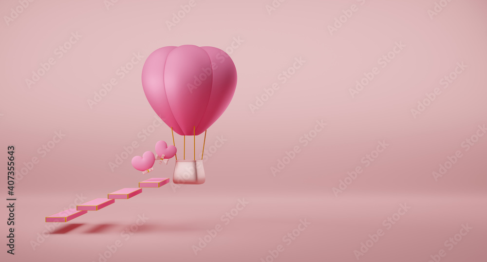 Hot air balloon with heart shaped for Valentine's Day background in pink pastel composition ,3d illustration or 3d render