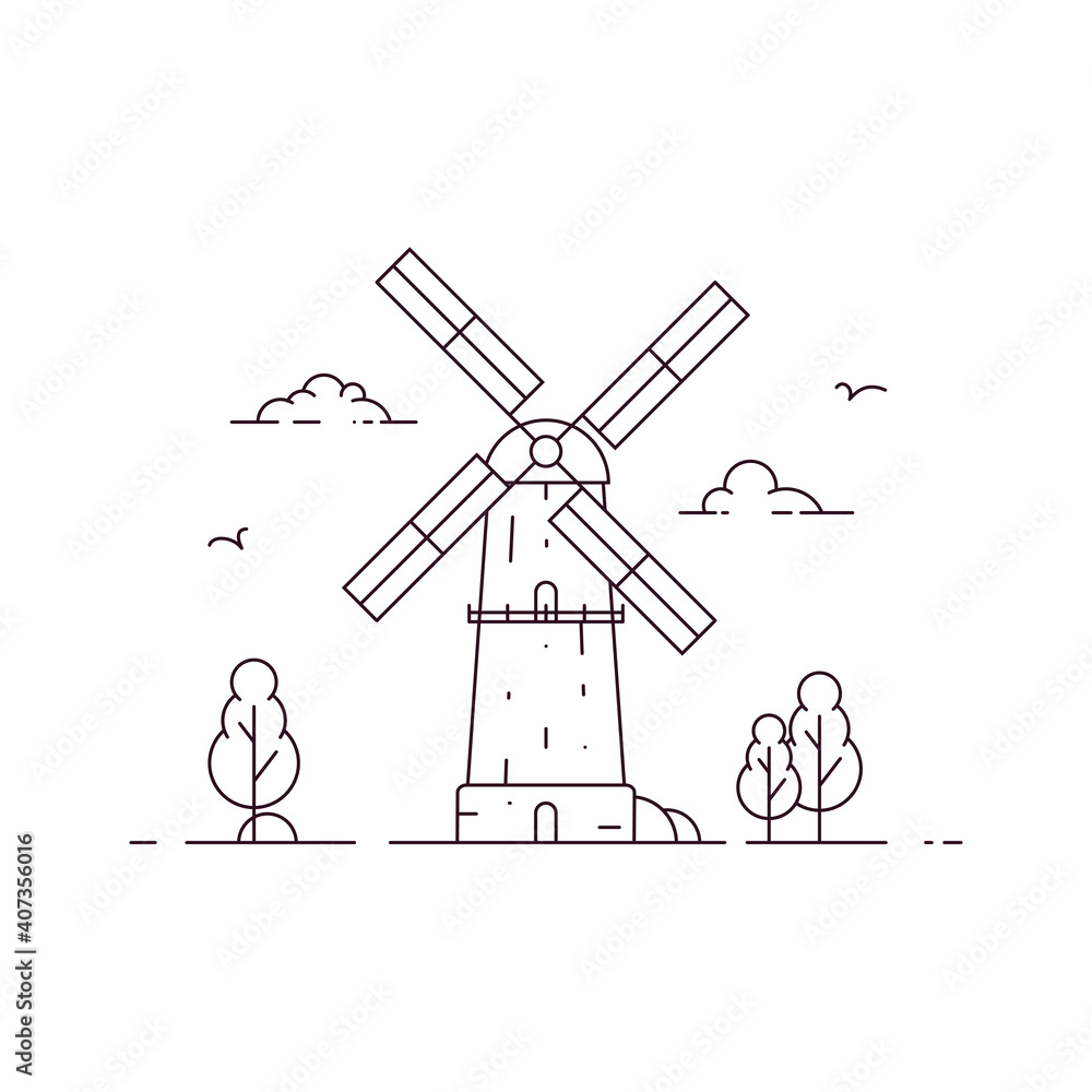 Windmill with birds, trees and clouds. Flour mill with millstones grinds grain. Grain processing. Flat outline vector illustration isolated