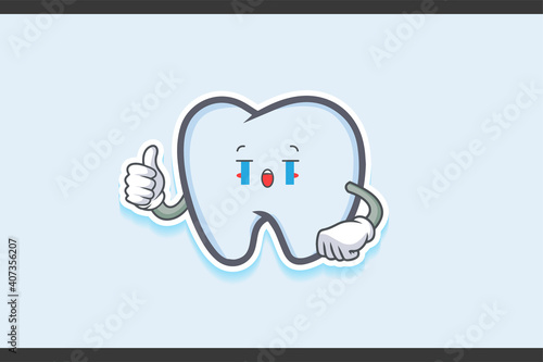 CRYING, SAD, SOB, CRY Face Emotion. Thumb up Hand Gesture. Tooth Cartoon Drawing Mascot Illustration.