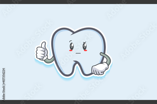 REALLY, ATTENTIVE, CURIOS Face Emotion. Thumb up Hand Gesture. Tooth Cartoon Drawing Mascot Illustration.