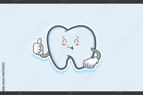 YUM, TONGUE, CHEERFUL Face Emotion. Thumb up Hand Gesture. Tooth Cartoon Drawing Mascot Illustration.