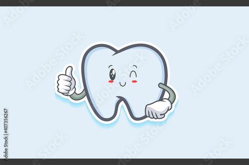 WINK, SMILING, CHEERFUL, SMILE Face Emotion. Thumb up Hand Gesture. Tooth Cartoon Drawing Mascot Illustration.