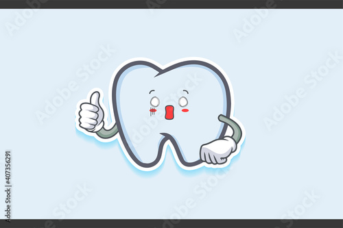 SPACED OUT, SURPRISED, SHOCKED Face Emotion. Thumb up Hand Gesture. Tooth Cartoon Drawing Mascot Illustration.