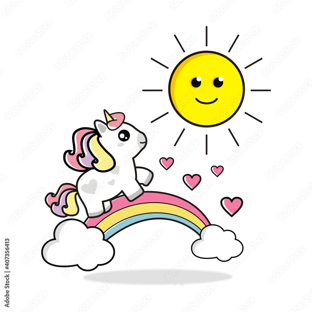 This illustration of a little pony walking on a rainbow to the sun is full of love, this is perfect for cards and children's books and children's clothes