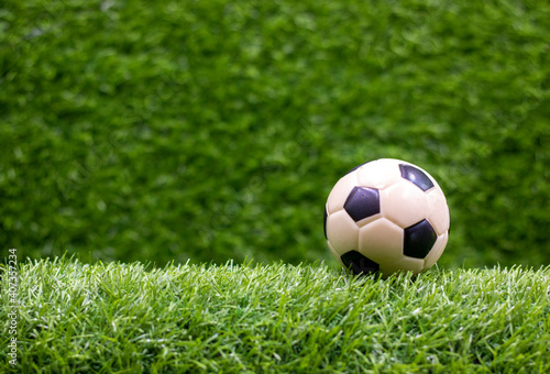Soccer is on green grass background