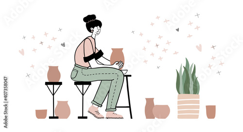 Pottery workshop. Handcrafted earthenware, pottery hobby. Ceramic craft master, ceramics pottery artist or pot craftsman workshop vector illustration. Girl, women making clay pots, crockery and other