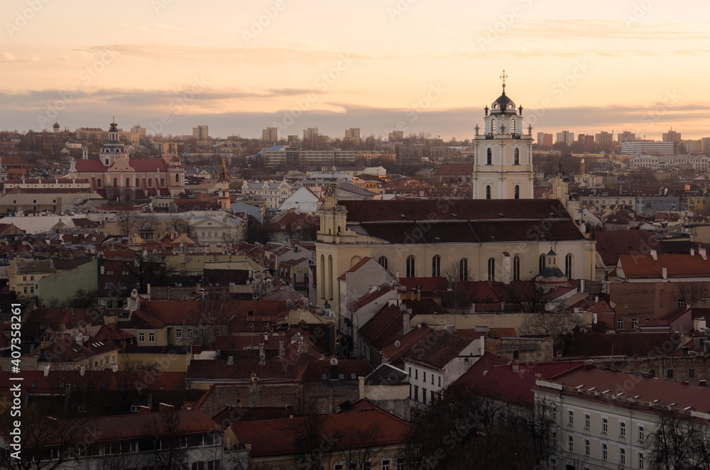 sunrise or sunset above the Old Town of Vilnius, Lithuania