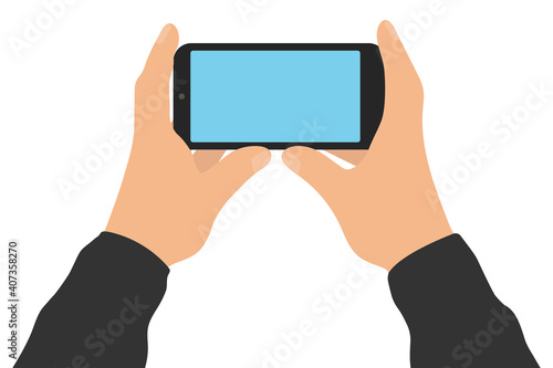 Male two hands hold smartphone, isolated on white background. Screen of phone. Vector illustration