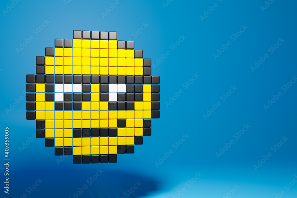 Illustrazione Stock 3d colorful illustration of smiling face from on blue  isollated background. An emoji emoticon face icon in a pixel art | Adobe  Stock