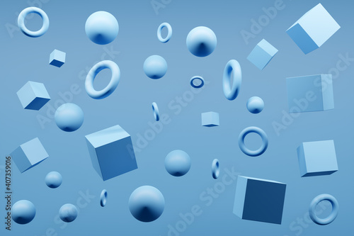 Close-up 3d blue monocrome illustration. Different geometric shapes: cube, cylinder, sphere are placed at the same distance. Simple geometric shapes flying
