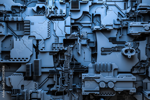 3d illustration of a pattern in the form of a metal, technological plating of a spaceship or a robot. Abstract Graphics in the style of computer games. Close up of the blue cyber armor