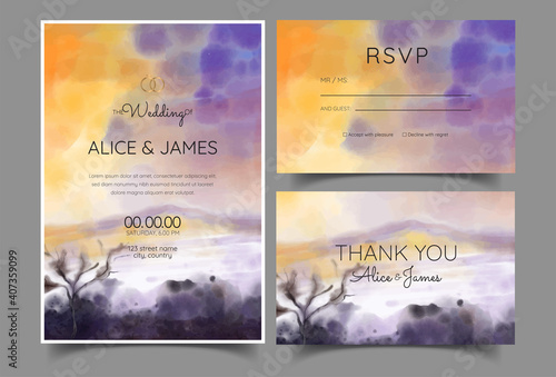 morning wedding invitation with mountain scenery watercolor background