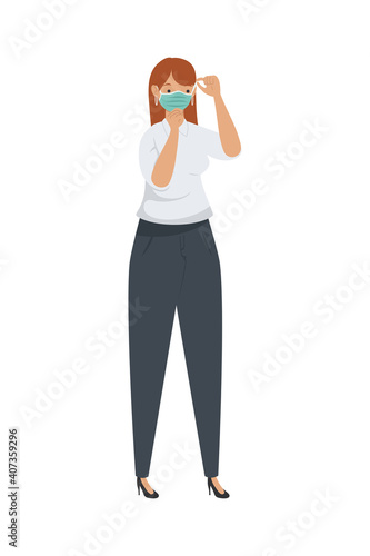 covid prevention, business woman using medical mask © Gstudio