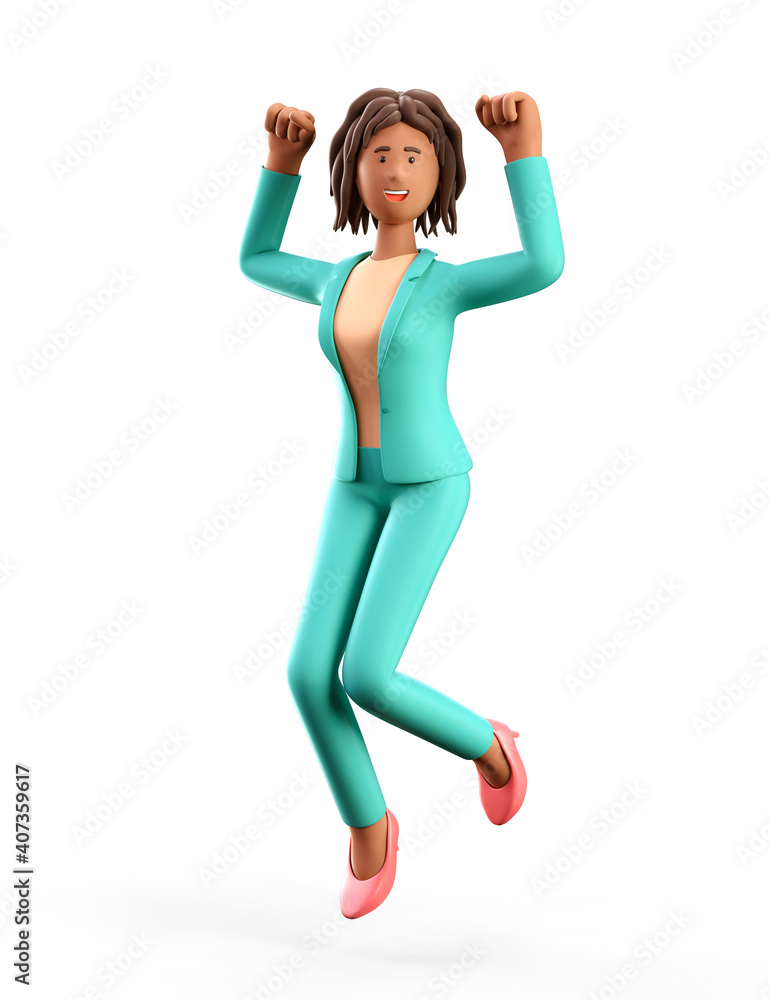 3D illustration of cheerful african american woman jumping celebrating ...