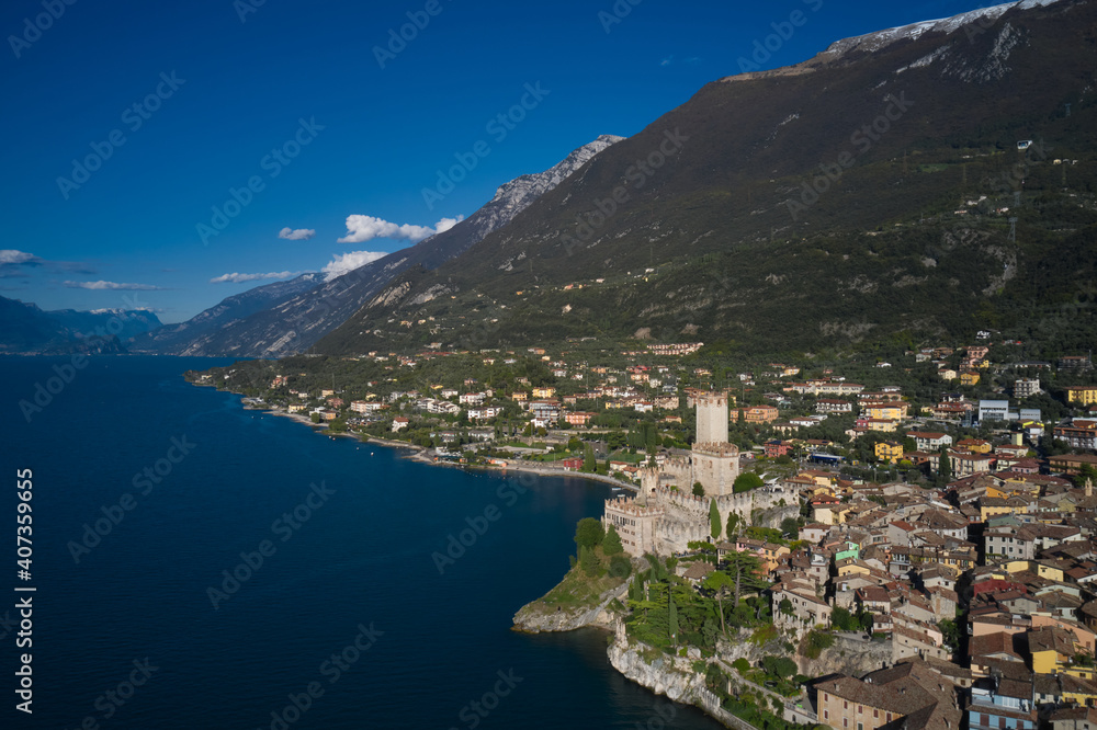 Malcesine town, Lake Garda, Italy. Italian resort on Lake Garda, Monte Baldo. Panoramic aerial view of the Scaliger Castle in Malcesine in Malcesine.