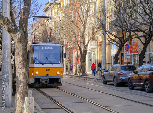 06.01.2021. Bulgaria. Sofia.  Old street tram in Sofia street and common street.