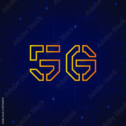 5G network technology logo yellow orange gradient symbol vector on dark circuit line, futuristic digital icon flat solid sign for innovation internet connection, information tech wireless transmission