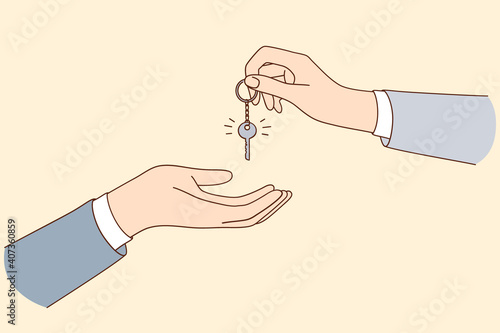 Buying renting and leasing accommodation concept. Hand of real estate agent giving keys of house flat to customer after signing contract in agency vector illustration