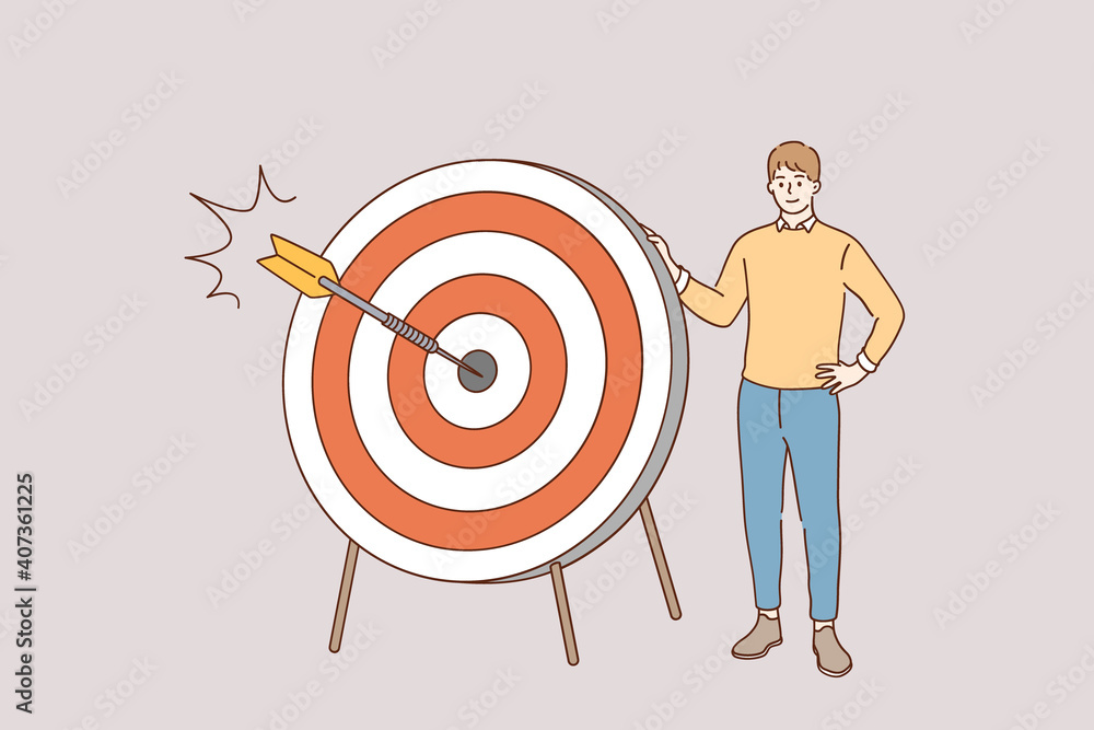 Marketing strategy and purpose concept. Young positive man cartoon character standing holding dart board with direct hit on target meaning goal achievement and success vector illustration Marketing strategy and purpose concept. Young positive man cartoon character standing holding dart board with direct hit on target meaning goal achievement and success vector illustration