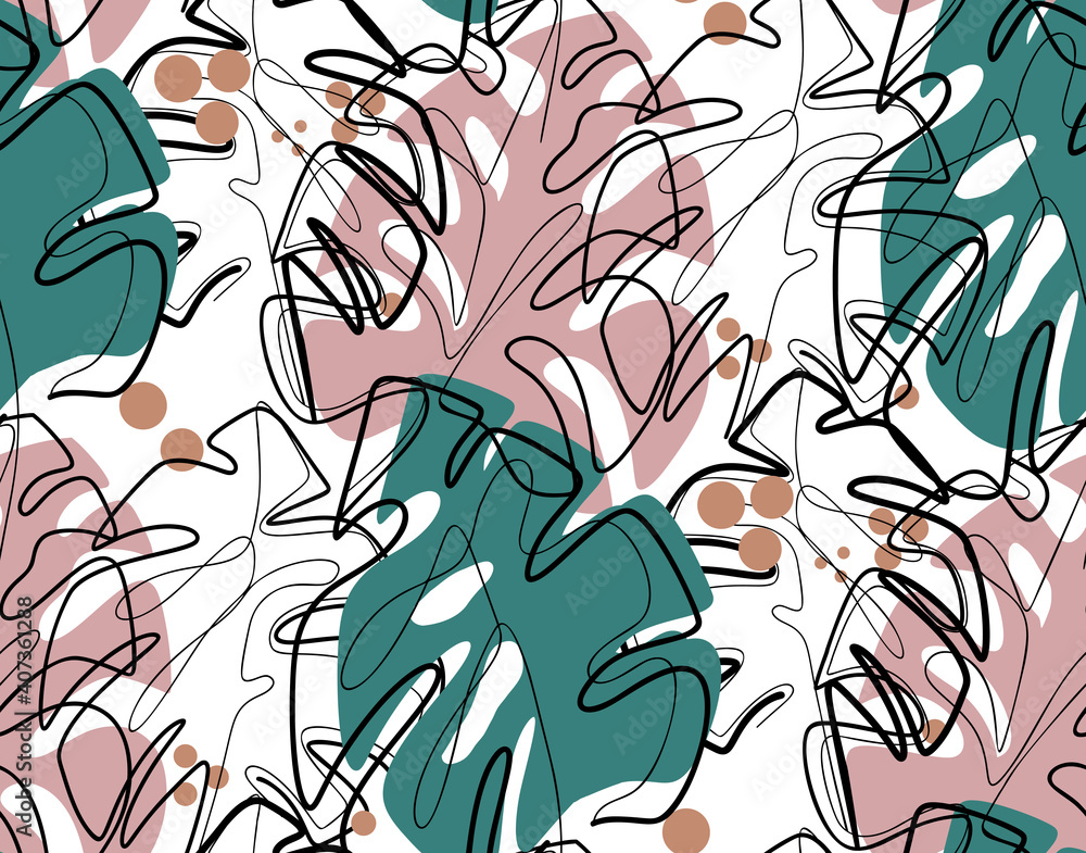 Seamless pattern of contour illustration of monstera leaves with color spots. Tropical flora. Monoline picture. Vector trendy continuous line foliage of various shapes. Natural wallpaper and texture