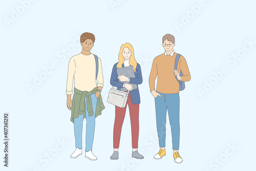 Students and friendship concept. Young smiling teen people students classmates cartoon characters standing with backpacks and books together after lessons outdoors vector illustration
