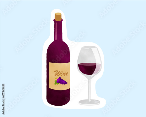 免疫力を高める食材／糖質制限／水彩／ワイン／ワインボトル／ワイングラス