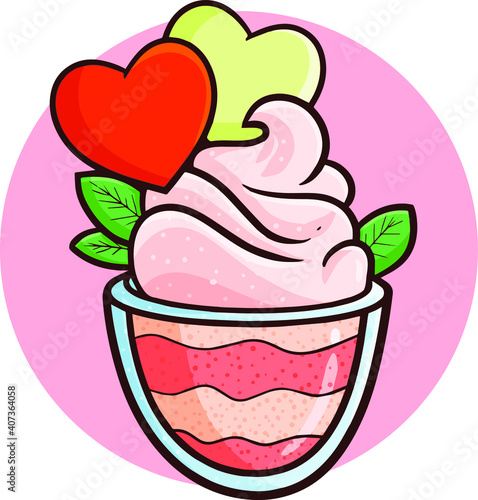 Funny and yummy valentine ice cream with hearts on top in kawaii doodle 