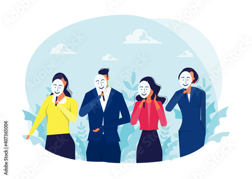 people girl and boy covering unhappy faces with holding positive masks for emotion, personality, psychology, disguise, depression concept vector illustrator