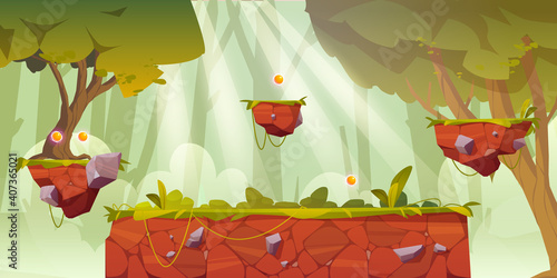 Game platform cartoon forest landscape, 2d ui design for computer or mobile. Bright wood with green trees, grass or lianas, background with arcade elements for jumping, bonus items or nature locations