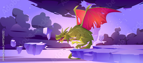 Fairy tale dragon in sky with flying rock islands, black clouds and stars. Vector cartoon fantasy illustration of scary monster from medieval mythology, magic beast with red wings