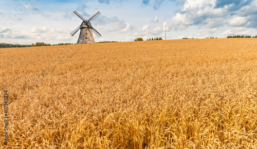 Agricultural countryside landscape with ripening field of wheat,  beautiful summer cumulus clouds and old windmill on horizon