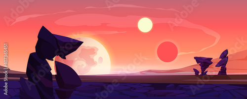 Alien planet landscape, dusk or dawn desert surface with mountains, rocks, satellite and two suns shining on orange sky. Space extraterrestrial computer game background, cartoon vector illustration