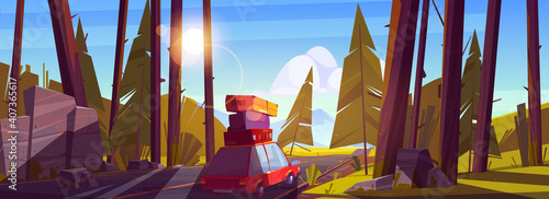 Road trip by car at summer vacation, holidays travel on automobile with bags on roof going at highway in forest with trees day time. Family camping leisure, nature journey, cartoon vector illustration