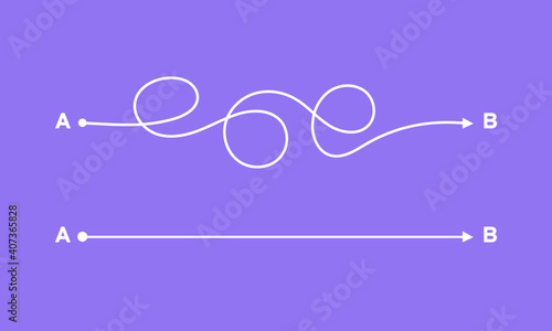 Complex and easy simple way from point A to B vector illustration. Chaos simplifying, problem solving and business solution searching challenge concept. Hand dwawn doodle scribble chaos path lines.