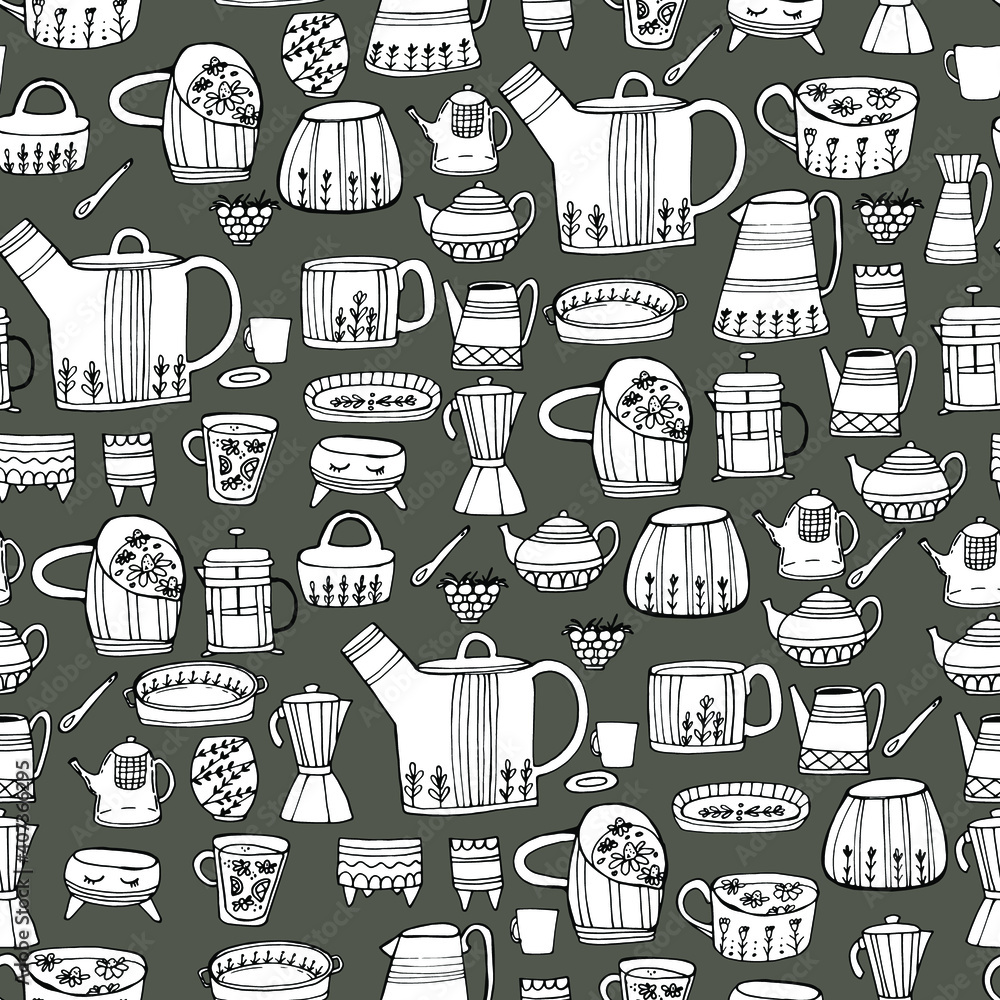 Pattern with Dishes, cups, dishes with a pattern. For preparing drinks and food. Coloring book for children and adults. Isolated on white. For wallpaper, design, textile, poster, design paper. Stock Pattern with Dishes, cups, dishes with a pattern. For preparing drinks and food. Coloring book for children and adults. Isolated on white. For wallpaper, design, textile, poster, design paper. Stock
