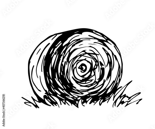 Hand-drawn vector drawing in engraving style. Round haystack, straw, dry grass. Farm, ranch.