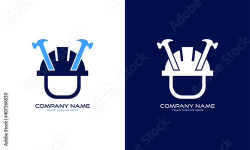 protective helmet logo, and hammer, design Inspirational logo repair Isolated on White Background.