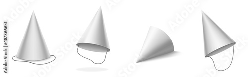 White party hat for birthday, anniversary, christmas celebration. Vector realistic 3d mockup of blank cone head caps for carnival, holidays and festive isolated on white background
