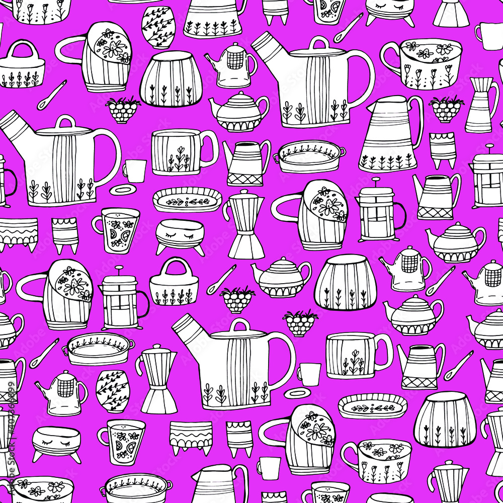 Pattern with Dishes, cups, dishes with a pattern. For preparing drinks and food. Coloring book for children and adults. Isolated on white. For wallpaper, design, textile, poster, design paper. Stock Pattern with Dishes, cups, dishes with a pattern. For preparing drinks and food. Coloring book for children and adults. Isolated on white. For wallpaper, design, textile, poster, design paper. Stock
