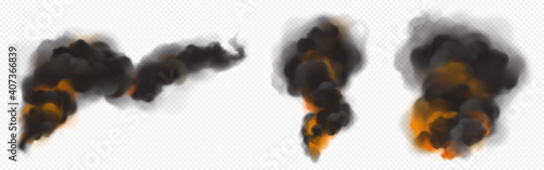 Black smoke clouds with orange backlight from fire. Vector realistic set of dark hot fog streams, smoke from burning flame, fiery smog isolated on transparent background