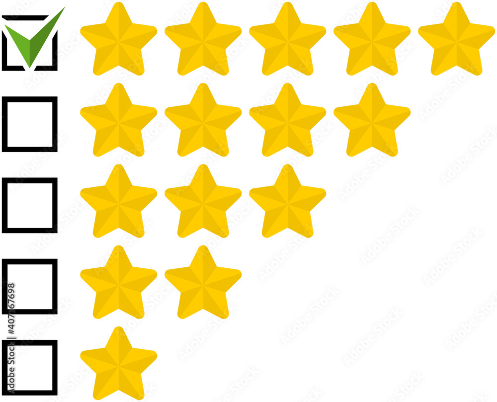 Set of flat golden rounded star rating symbols with checkbox isolated on a white background. Vector illustration. Set of flat golden rounded star rating symbols with checkbox isolated on a white background. Vector illustration.