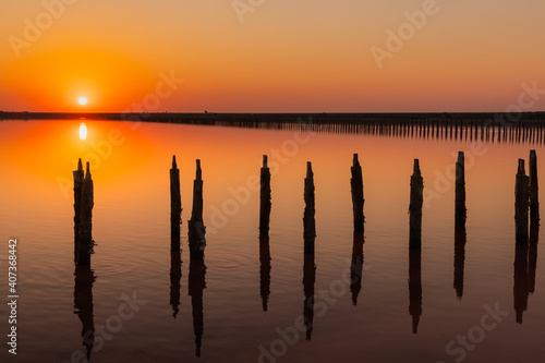 Salt on a pink salt lake at sunset. Pink Salt Lake Syvash, Ukraine