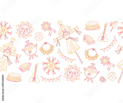 Maslenitsa background. Pancake week elements - pancake, samovar, candy, balalaika, sun, scarecrow of winter, sour cream, accordion. Shrovetide. Vector illustration on doodle style on white background