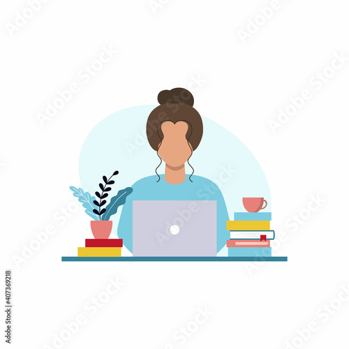 The girl is sitting at a laptop and studying at an online school. Concept on the topic of home training, freelancing, remote work. Office at home. Vector illustration in flat style.