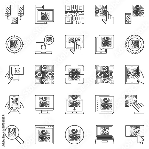 QR Code outline vector concept icons set. Quick Response Code Scan linear symbols or logo elements