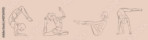 woman yoga pose line illustration set isolation background in beautyful style. Training set.