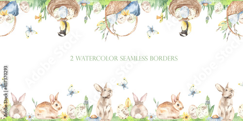 Easter bunnies, easter eggs, basket, nest, titmouse, butterfly, grass, flowers. Watercolor seamless borders