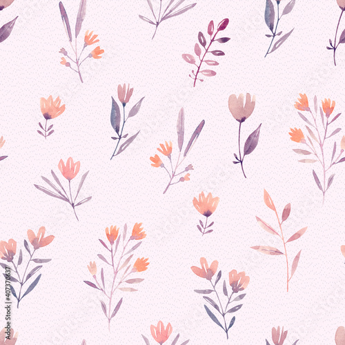 Wildflowers watercolor seamless pattern with abstract plants and flowers. Pink cute background.